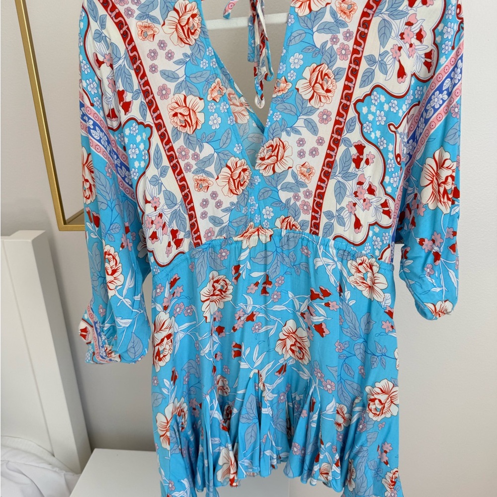 Aakaa Blue Floral Blouse with Red Accents